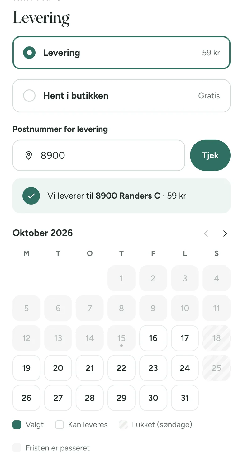 Kassens kalender på en telefon: 15. oktober kan ikke vælges, søndage er lukket, og 16. oktober og frem kan vælges.