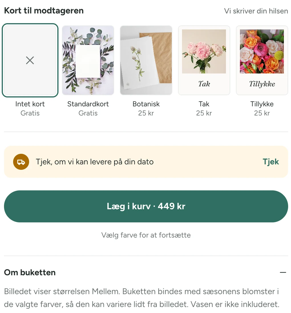 Afsnittet Om buketten med teksten Billedet viser størrelsen Mellem, Vasen er ikke inkluderet.