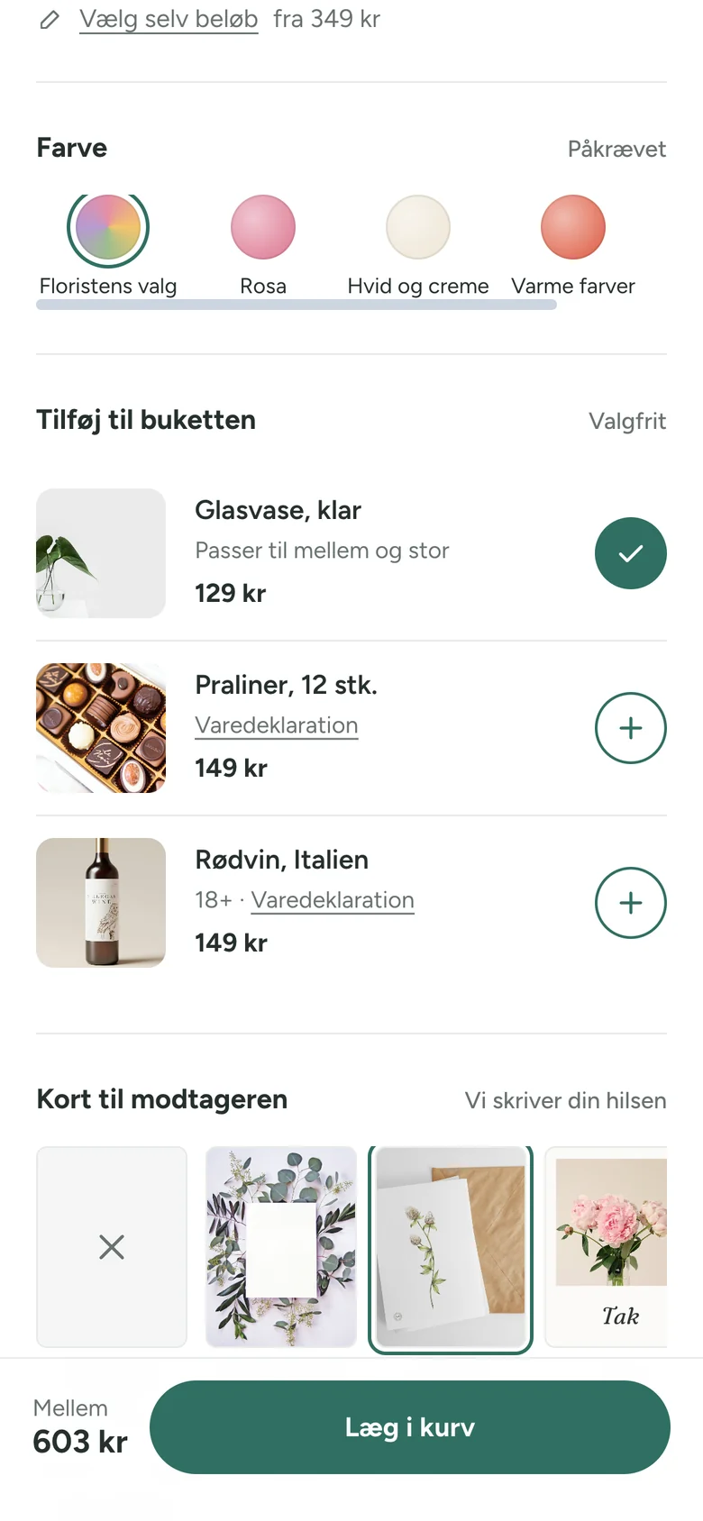 Samme produktside på en telefon med glasvasen valgt og bjælken nederst, der viser Mellem og 603 kr.