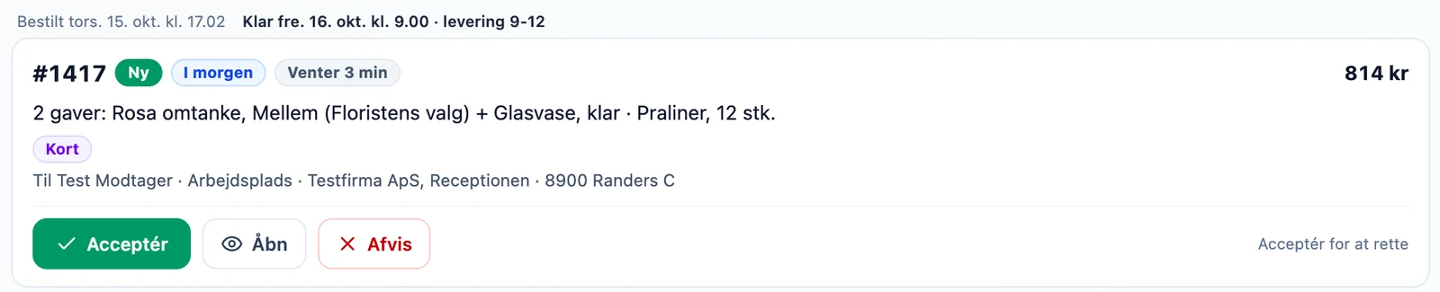 En ny bestilling i WalletPlus' administration med knapperne Acceptér, Åbn og Afvis.