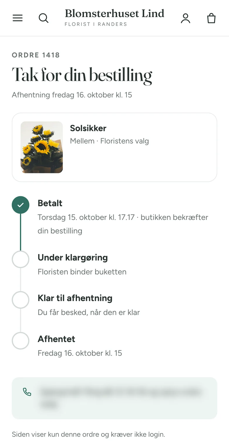 Kundens ordreside efter en afhentningsbestilling med trinene Betalt, Under klargøring, Klar til afhentning og Afhentet.