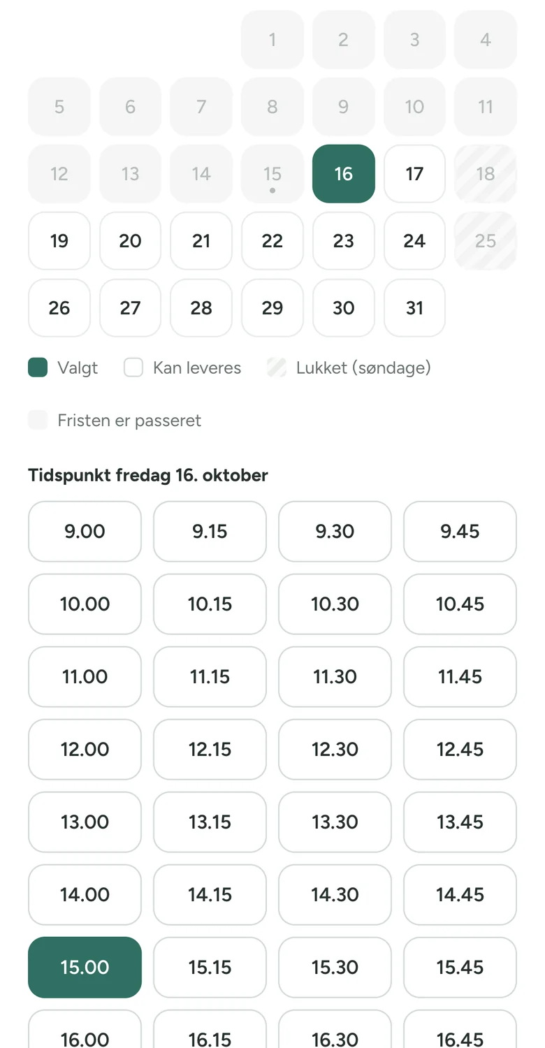 Ledige afhentningstider hvert kvarter fra 9.00 med 15.00 valgt.