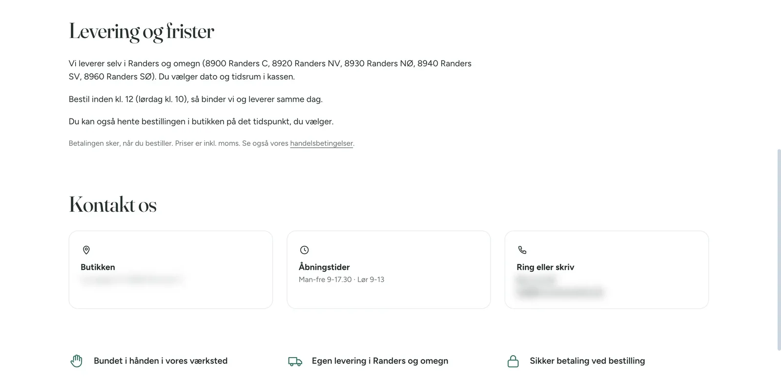 En demobutiks side om levering og frister med postnumre i Randers, en bestillingsfrist og åbningstider