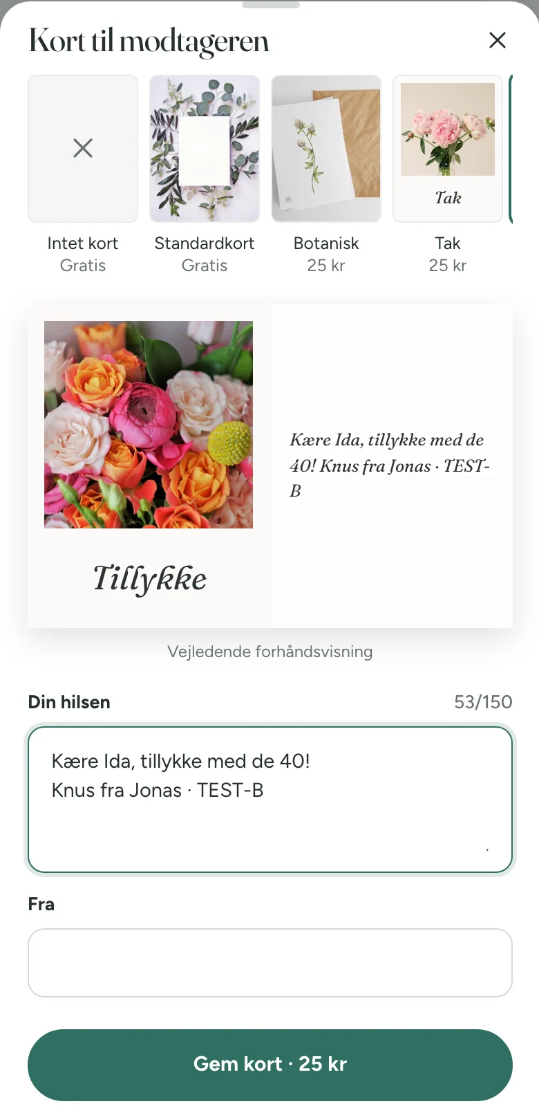 Kortarket på en telefon med motivet Tillykke, hilsenen på to linjer med TEST-B og en vejledende forhåndsvisning