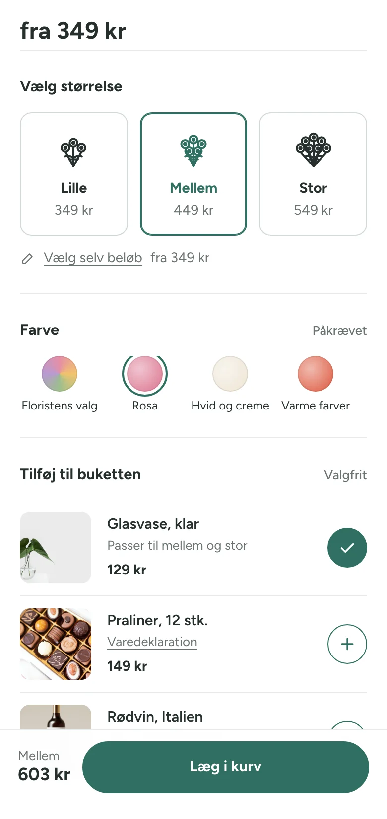 Produktsiden på en telefon med størrelserne Lille, Mellem og Stor, farvevalg og en glasvase valgt under Tilføj til buketten