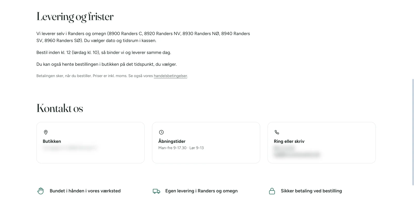 Siden Levering og frister med postnumre og bestillingsfrist og kortene Butikken, Åbningstider og Ring eller skriv.