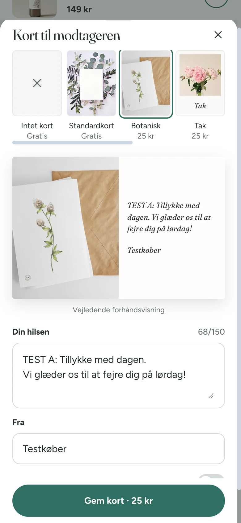 Kortarket i webshoppen med korttyper, en testhilsen på to linjer, afsender og en vejledende forhåndsvisning.