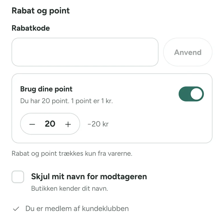 Kassens sidste trin på en telefon med Brug dine point slået til: Du har 20 point, 1 point er 1 kr., og 20 point giver minus 20 kr.
