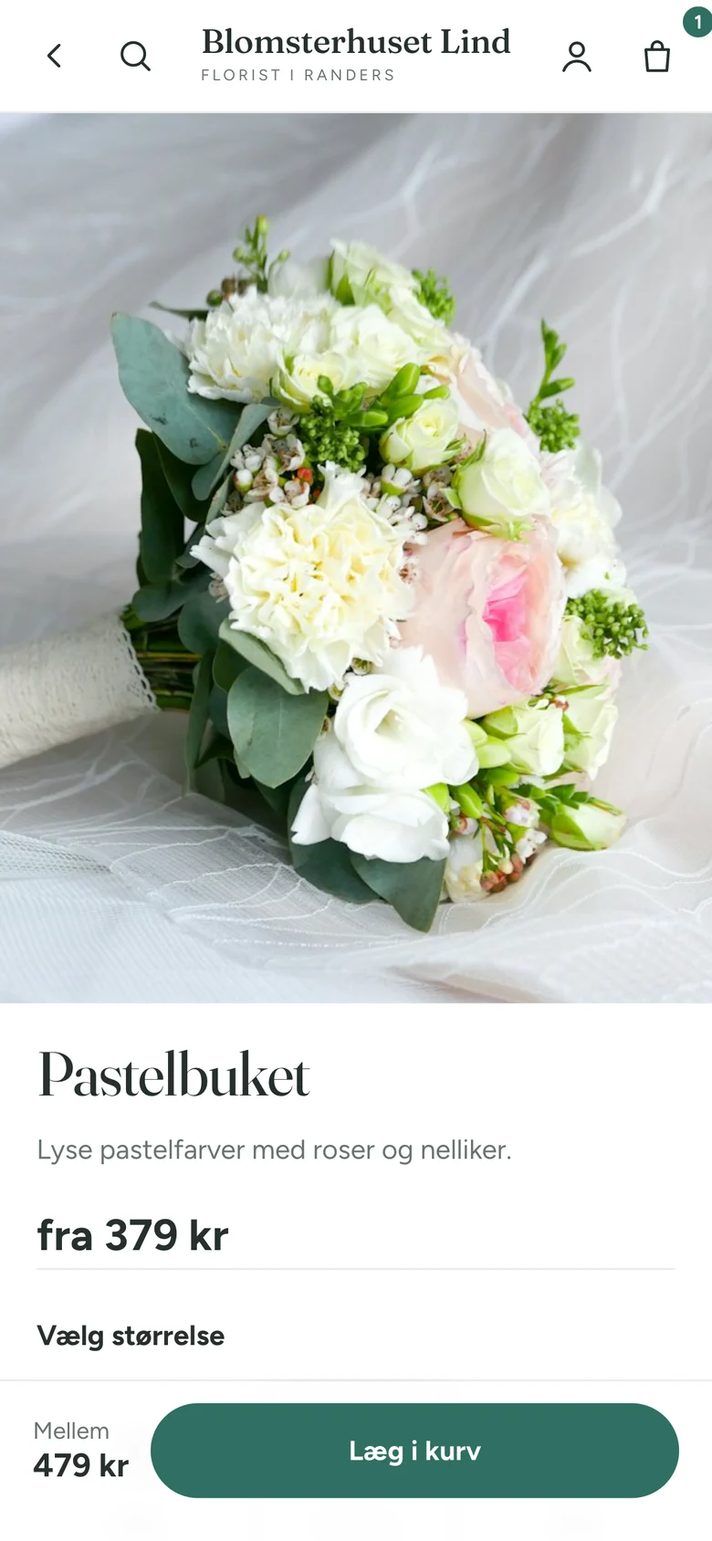 Produktsiden på en telefon med produktfoto, navn, fra-pris og en fast bjælke nederst med størrelse, pris og Læg i kurv.
