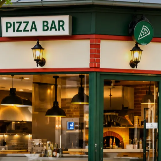 Havanna Pizza Bars facade med Pizza Bar-skiltet og ovnen bag ruden