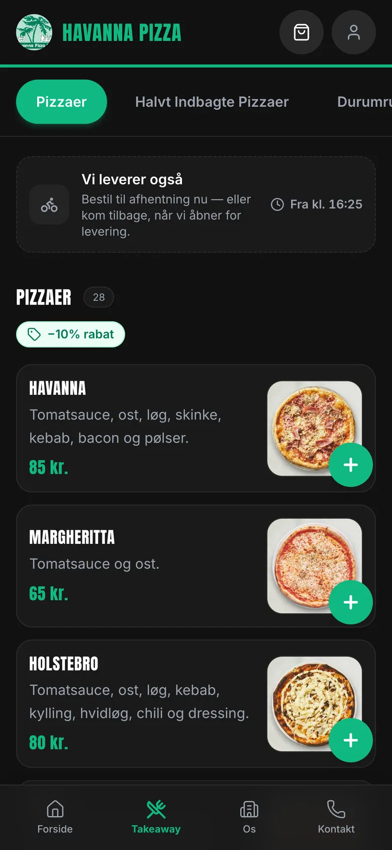 Havannas menu på mobilen med pizzaerne og et mærke for 10 % rabat