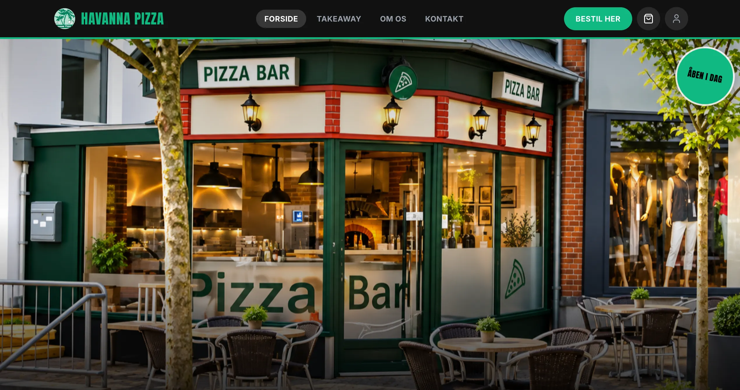 Havanna Pizza Bars forside med butiksfacaden på Grønsgade og bestil-knap
