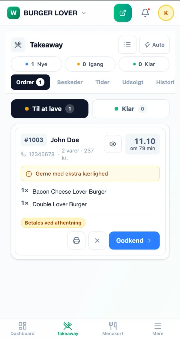 En ny takeaway-ordre hos Burger Lover, klar til at blive godkendt på telefonen