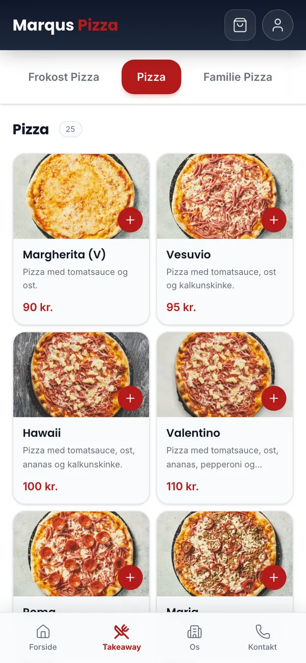 Marqus Pizzas menukort på telefonen med billeder og priser