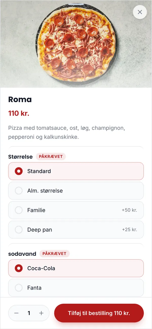 Pizza Roma med valg af størrelse og sodavand i Marqus Pizzas bestillingsside
