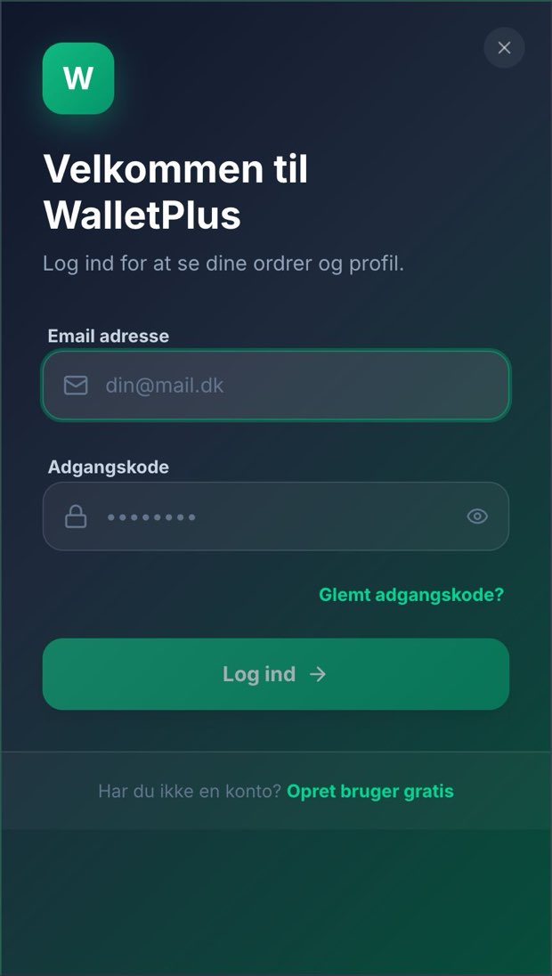 Login-skærmen på en kundes eget domæne: Velkommen til WalletPlus, log ind for at se dine ordrer og profil.